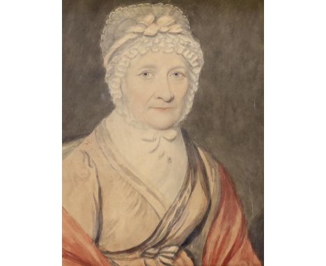 Late 18th century English School, watercolour, Portrait of Mrs Leighton of Abbeytheine (1731-1817), inscribed verso, 24 x 19c