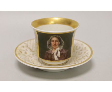 A Berlin KPM porcelain portrait painted cabinet cup and saucer, c.1847-9, 8.5cm high