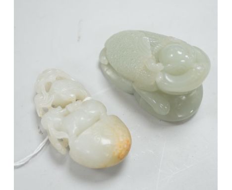 A Chinese green jade figure of a three legged toad and a Chinese pale celadon jade group of a crane and a deer in archaic sty