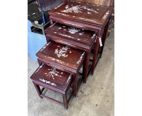 A quartetto of Chinese mother of pearl inlaid rectangular hardwood tea tables, width 51cm, depth 36cm, height 66cm