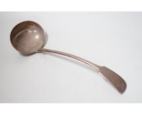 An Edwardian silver fiddle pattern soup ladle, Josiah Williams &amp; Co, London, 1905, 31.2cm, 9.5oz.