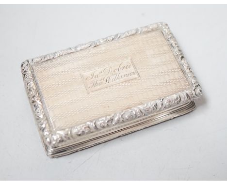 A George IV engine turned silver rectangular snuff box, with engraved inscription, Thomas Shaw?, Birmingham, 1823, 73mm.