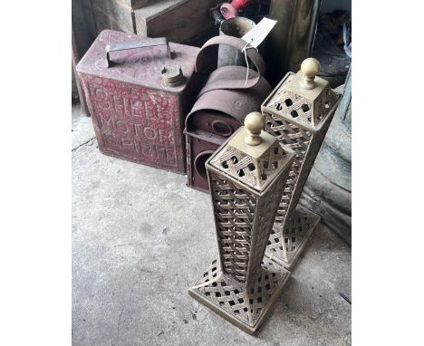 A vintage Shell petrol can, a road lamp, two shell cases and two brass lidded holders