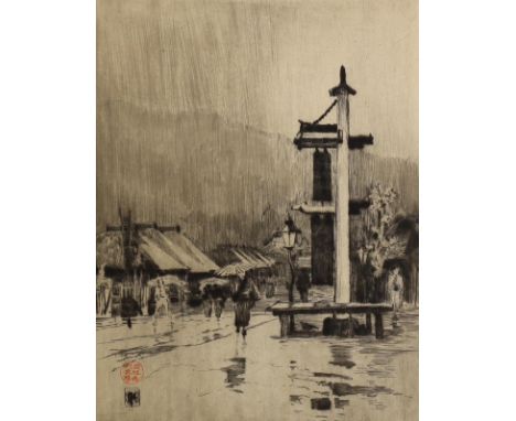 Sir Alfred East (1849-1913), drypoint etching, 'A Wet Day at Hakone', signed in pencil, 22.5 x 17.5cm, unframed