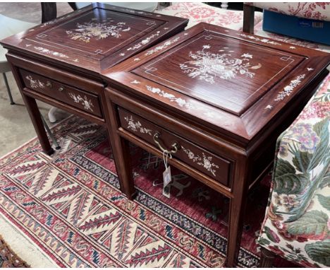 A pair of Chinese mother of pearl inlaid square hardwood occasional tables, width 50cm, height 56cm