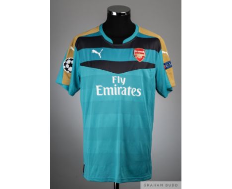 Petr Cech green and black No.33 Arsenal v. Bayern Munich Champions League match worn short-sleeved goalkeepers shirt, 2015-16