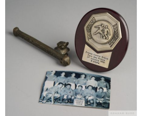 Raymond Kopa presentation plaque France v. Greece, 1958 inscribed France contre Grece, Parc des Prince, 1er octobre 1958 R. K