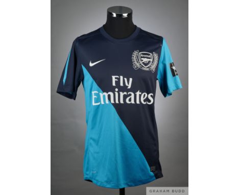 Andre Arshavin blue and green No.23 Arsenal v. Benfica match issued short-sleeved shirt, 2011, Nike, Mwith crew-neck collar a