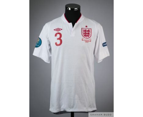 Ashley Cole white and red No.3 England v. France match worn short-sleeved,  shirt, 2012, Umbro, 38 with button-up collar and 