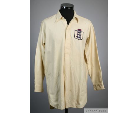 Tommy Lawton white No.9 England v. Italy International long-sleeved shirt, 1948, Hope Brothers Ltd with button-up front and e