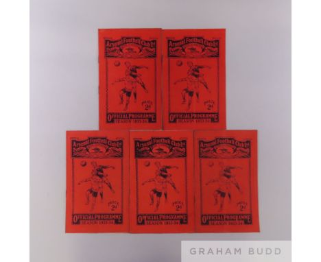 Five Arsenal home match programmes, 1933-34 comprising Stoke City, 18th November 1933; Tottenham Hotspur, 31st January 1934; 