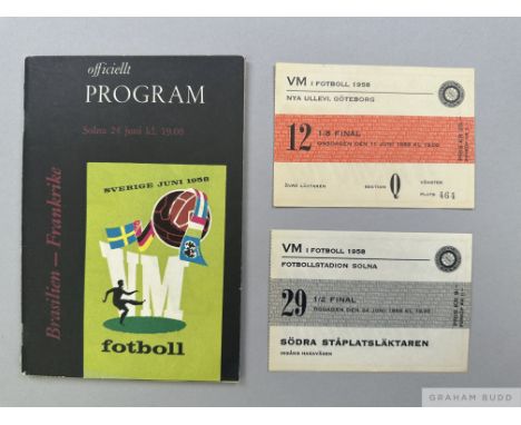 Brazil v. France World cup semi-final match programme, 24th June 1958 team changes, ticket stub from the match and Brazil v. 