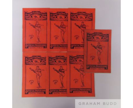 Seven Arsenal home league match programmes, 1938-39 comprising Portsmouth, 27th August 1938; Aston Villa, 24th September 1938