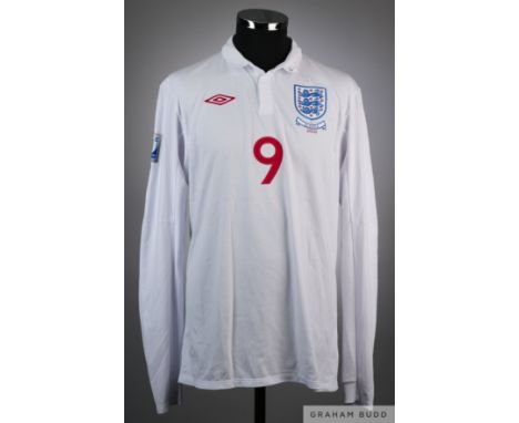 Peter Crouch white No.9 England v. Algeria match issued long-sleeved shirt, 2010, Umbro, PC with button-up collar and embroid