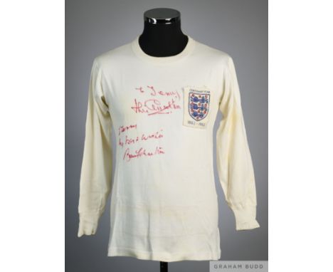 Bobby Charlton signed white No.11 England v Northern Ireland match worn long-sleeved shirt, 1963, Bukta, 38 with crew-neck co