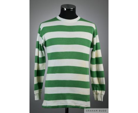 Jimmy Johnstone green and white Celtic v. Fiorentina match worn long-sleeved shirt, 1970, Umbro, M with crew-neck collar with