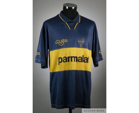 Diego Maradona blue and white No.10 Boca Juniors match issued short-sleeved shirt, 1995, 44 with v-neck collar and printed ba