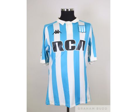 Lautaro Martinez blue and white No.10 Racing Club match worn short-sleeved shirt, 2017-18 Kappawith button-up collar and prin