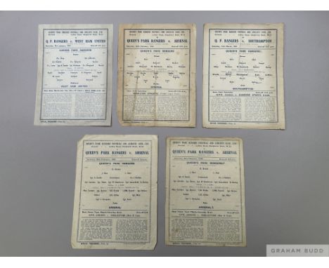Five Queen's Park Rangers single sheet match programmes, 1940s comprising West Ham United, 31st January 1942; Arsenal, 20th F