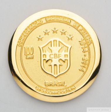 Brazilian Football Association (CBF) Centenary medal presented to Pele in gilt, bearing the CBF crest and inscribed with deta