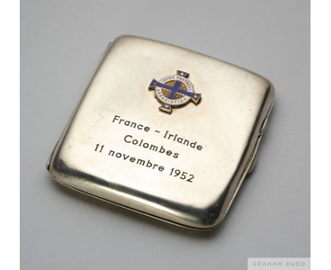 Raymond Kopa silver and enamel presentation cigarette case, France v. Ireland, 1952 the lid surmounted by enamel Northern Ire