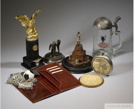 Selection of footballing awards and presentations given to Arsenal's David Dein MBE, comprising pewter football figural bud v