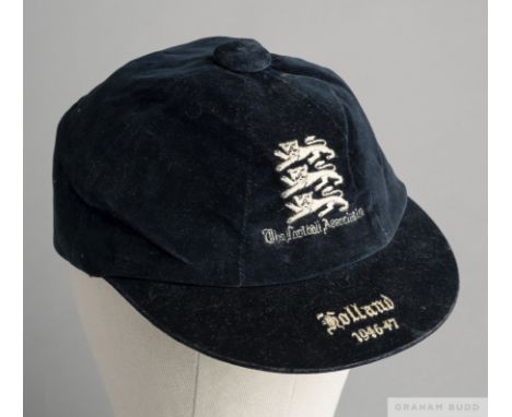 Billy Wright blue England v. Holland International cap, 1946-47 the dark blue velvet cap with embroidered three lion badge in