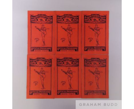 Six Arsenal home league match programmes, 1938-39 comprising Chelsea, 18th February, 1939; Bolton Wanderers, 4th March 1939; 