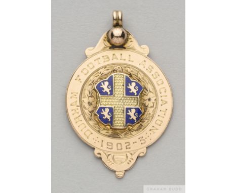 9ct gold and enamel Durham Football Association medal, 1902-03 the obverse inscribed Durham Football Association, 1902-3, 10g