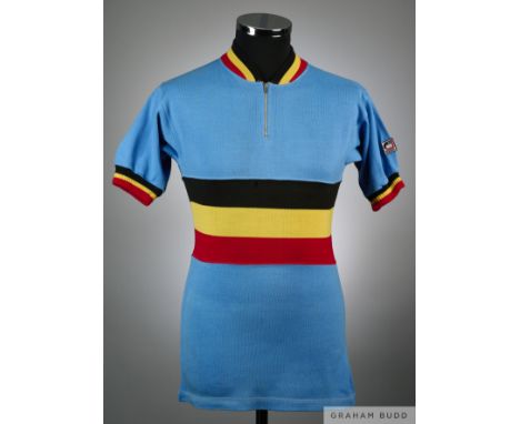 Eddy Merckx vintage blue, black, yellow and red autographed shirt, Campitello, M with zip-up collar, the reverse autographed 