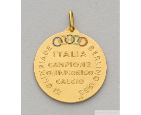 18k gold and enamel medal awarded to Ottorino Barassi commemorating the gold medal victory of Italy in the Berlin 1936 Olympi