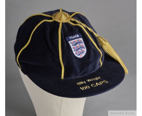 Billy Wright UEFA 100 Caps presentation cap the dark blue velvet cap with embroidered three lion badge inscribed Billy Wright