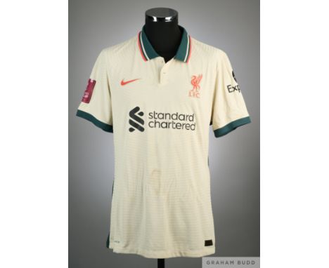 Virgil Van Dijk fossil, green and red No.4 Liverpool v. Nottingham Forest F.A.Cup quarter final short-sleeved shirt, 2022, Ni