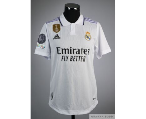 Luka Modric white and purple No.10 Real Madris match issued short-sleeved shirt, 2022-23, adidas, 4 with button-up collar and