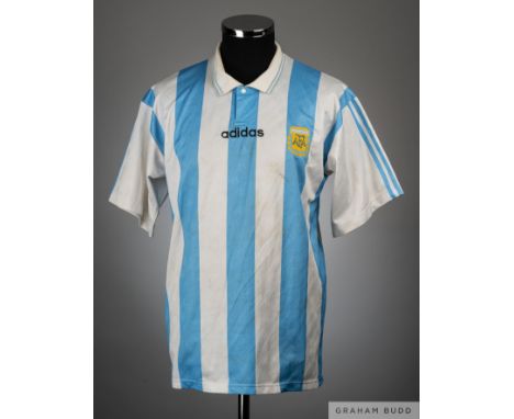 Ramon Medina Bello blue and white No.11 Argentina v. Israel match worn short-sleeved shirt, 1994, Adidas, T3 with button-up c