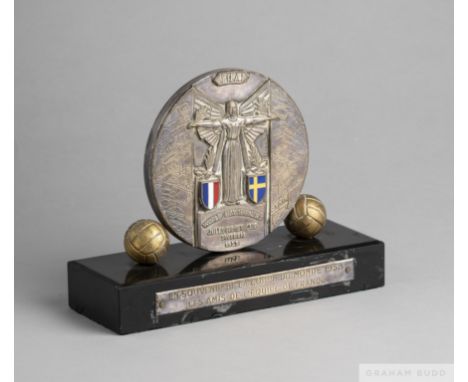 World Cup 1958 official souvenir white-metal and enamel plaque cast with figure of Nike in relief, with enamel country flags 