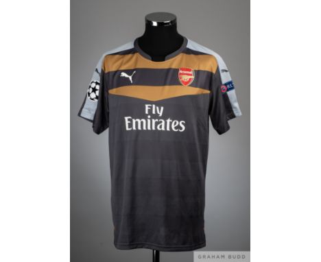 Petr Cech grey and gold No.33 Arsenal v. Barcelona Champions League match worn short-sleeved goalkeepers shirt, 2015-16, Puma