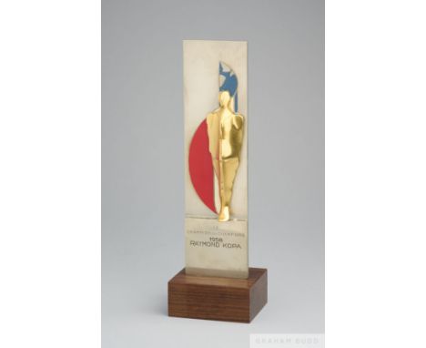 Raymond Kopa 1958 Sportsman of the Year award inscribed LE CHAMPION DES CHAMPIONS 1958 RAYMOND KOPA on hardwood base, some da