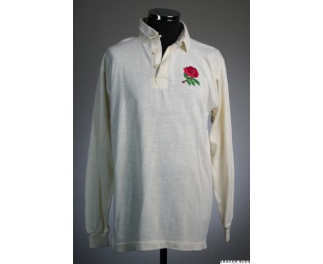 Wade Dooley white No.4 England v. Australia International rugby shirt, 1987, Nike, XL, 46in with button-up collar and embroid