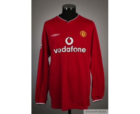 Juan Sebastian Veron red Manchester United No.4 shirt, season 2001-02, player issue, Umbro, size XL, long-sleeved with UEFA S