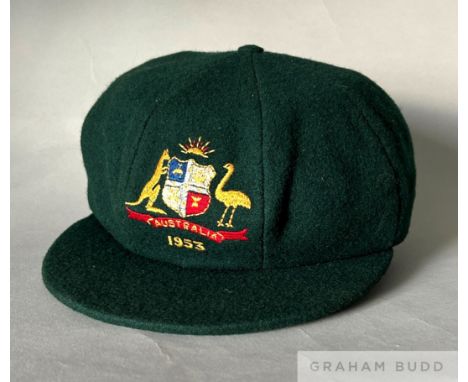 Ray Lindwall "Baggy Green" cricket cap, 1953 with embroidered badge inscribed Australia 1953, the interior with Farmer's Sydn