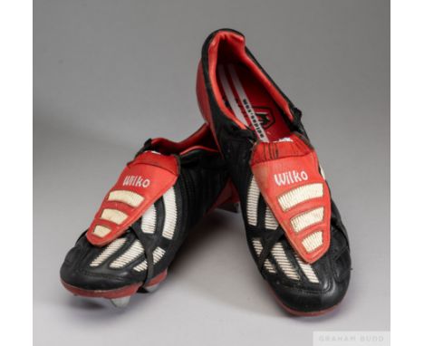 Jonny Wilkinson pair of black, red and white Adidas match worn boots, 2002,  the right boot size 8 and the left boot size 8.1