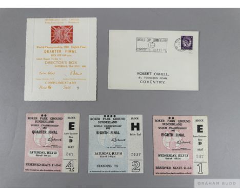 World Cup 1966: Director Box complimentary ticket, 23rd July 1966 and three World Cup tickets stubs for matches at Roker Park