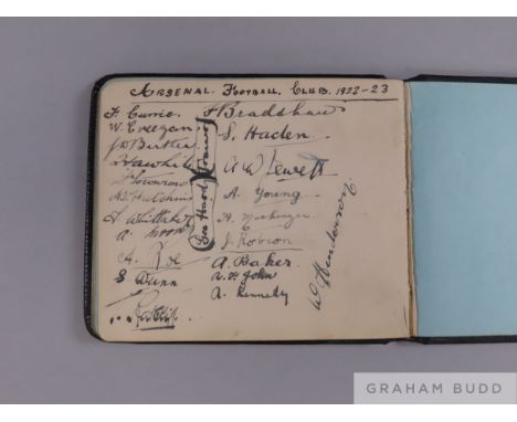An autograph album containing a page of Arsenal FC 1922-23 autographs  including Whittaker, Dunn, Bradshaw, Young, Baker, Rob
