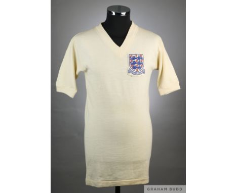 Billy Wright white No.5 England International short-sleeved, 1955, Playrite Sports, 40 with v-neck collar and embroidered thr