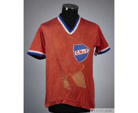 Maniero red, blue and white No.8 Club Nacional v. Celtic match worn short-sleeved shirt, 1971 with v-neck collar and embroide