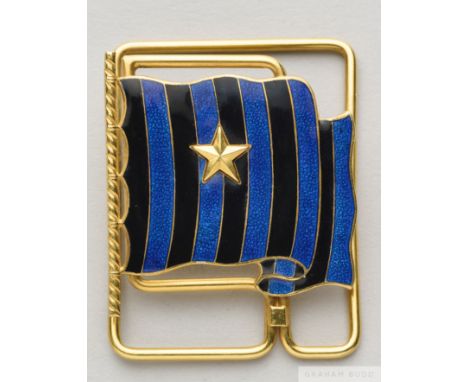 .750 gold & enamel FC Inter money clip from the Ottorino Barassi Collection, designed as a waving flag in the FC Inter blue a