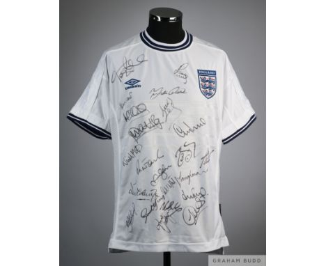 White England signed replica shirt, Umbro, short-sleeved with Three Lion crest, signed in black marker pen by 22 players, siz