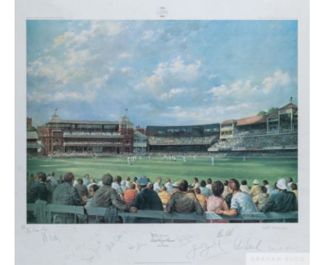 A pair of framed and glazed limited edition cricket prints and scorecards by Alan Fearnley,  “Lords” signed by twelve of the 