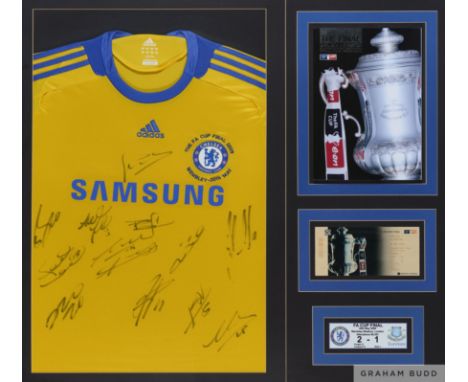A nice Chelsea FC 2009 FA Cup Final v Everton montage. framed and glazed, measuring 34.5 x 37.5 ins with a replica yellow Che